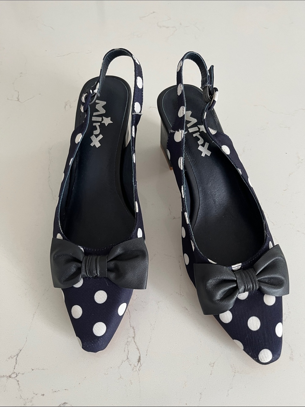 Minx Navy Polka Dot Slingback Flats with Bow.  New. Never worn